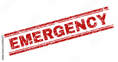 EMERGENCY seal imprint with corroded texture. Red vector rubber print of EMERGENCY tag with corroded texture. Text label is placed between double parallel lines.