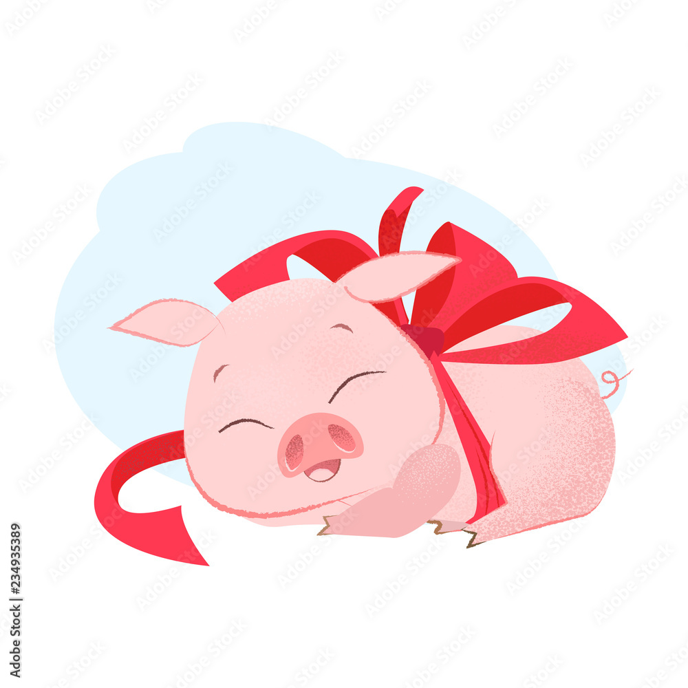 Sleeping piglet illustration. Piglet in red neckband on blue aquarelle background. New Year fairy tales, cartoon character. Can be used for postcards, posters, greeting cards
