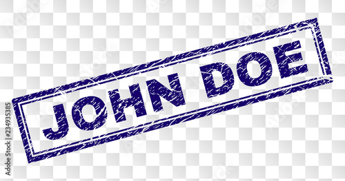 JOHN DOE stamp seal print with rubber print style and double framed rectangle shape. Stamp is placed on a transparent background. Blue vector rubber print of JOHN DOE tag with grunge texture.