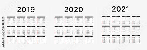 2019 calendar starting Monday Calendar 2019 and 2020 template. Calendar design in black and white colors, holidays in red colors. Vector