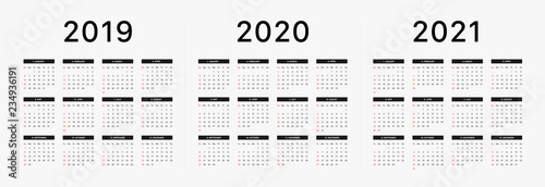 2019 calendar starting sunday Calendar 2019 and 2020 template. Calendar design in black and white colors, holidays in red colors. Vector
