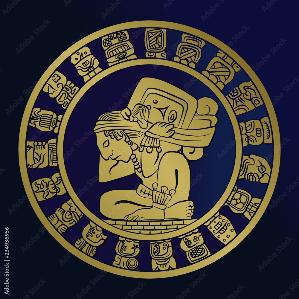 vector Mayan calendar image on the coin. Mexican culture, the Aztec civilization