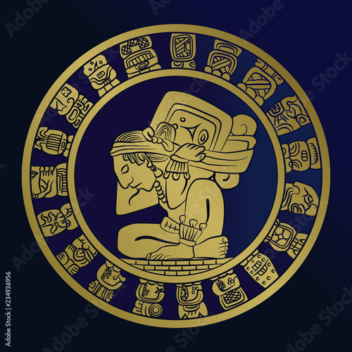 vector Mayan calendar image on the coin. Mexican culture, the Aztec civilization