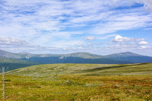 Panorama of a summer sunny morning in the Ural mountains.