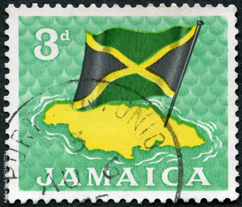 JAMAICA - 1964: shows Flag over map