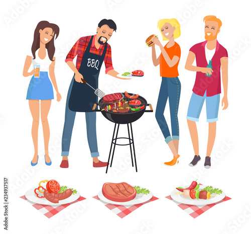 People on BBQ Party Icons Vector Illustration