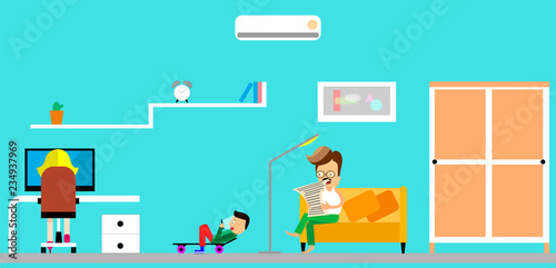 Family at home. Father reading a newspaper. Children playing game console. Fun cartoon characters. Vector illuctration of parents and children at living room modern interior.