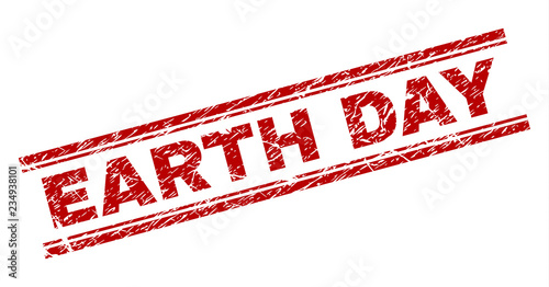 EARTH DAY seal print with distress effect. Red vector rubber print of EARTH DAY label with unclean texture. Text title is placed between double parallel lines.