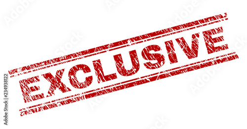 EXCLUSIVE seal watermark with grunge texture. Red vector rubber print of EXCLUSIVE caption with grunge texture. Text caption is placed between double parallel lines.