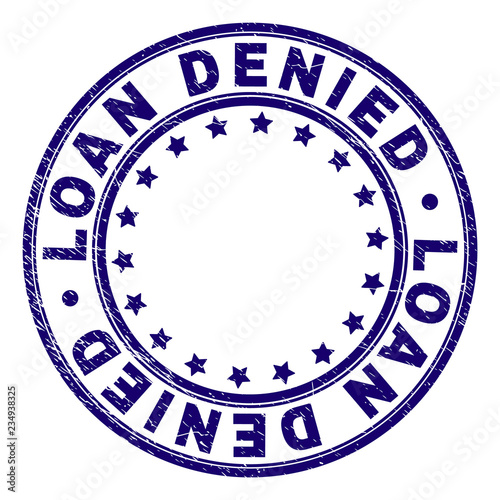 LOAN DENIED stamp seal watermark with grunge texture. Designed with circles and stars. Blue vector rubber print of LOAN DENIED text with dust texture.