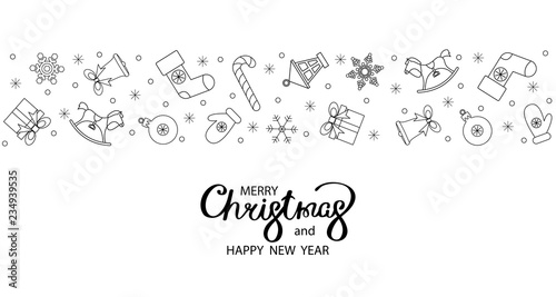 White Merry Christmas and Happy New Year card with holiday decoration.