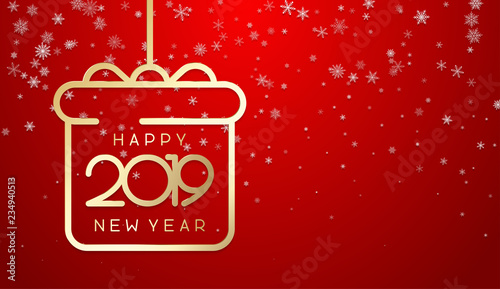 Red Happy New Year 2019 poster with golden abstract gift and snow.