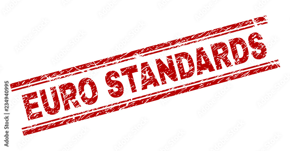 EURO STANDARDS seal stamp with grunge texture. Red vector rubber print of EURO STANDARDS title with grunge texture. Text title is placed between double parallel lines. EURO STANDARDS seal stamp with grunge texture. Red vector rubber print of EURO STANDARDS title with grunge texture. Text title is placed between double parallel lines.