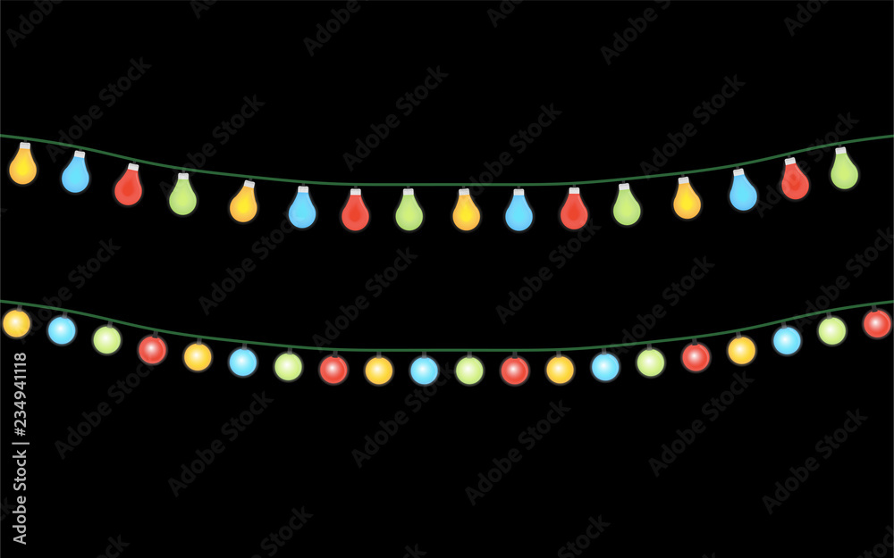Set of color garlands, Christmas decorations lights effects.  Glowing lights for Christmas vector illustration