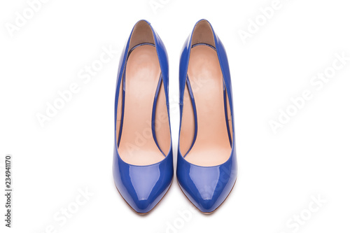 A pair of women's blue shoes. Elegant patent leather shoes.