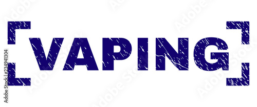 VAPING text seal imprint with grunge effect. Text label is placed inside corners. Blue vector rubber print of VAPING with grunge texture.