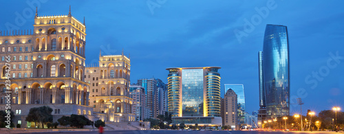 Azerbaijan, Baku at night Azadlig Square in front of the Government House evening side. Platitude Freedom - Azadlig located on the shores of the Caspian Sea.Hotel Absheron Marriott . Neftchiler Avenue photo