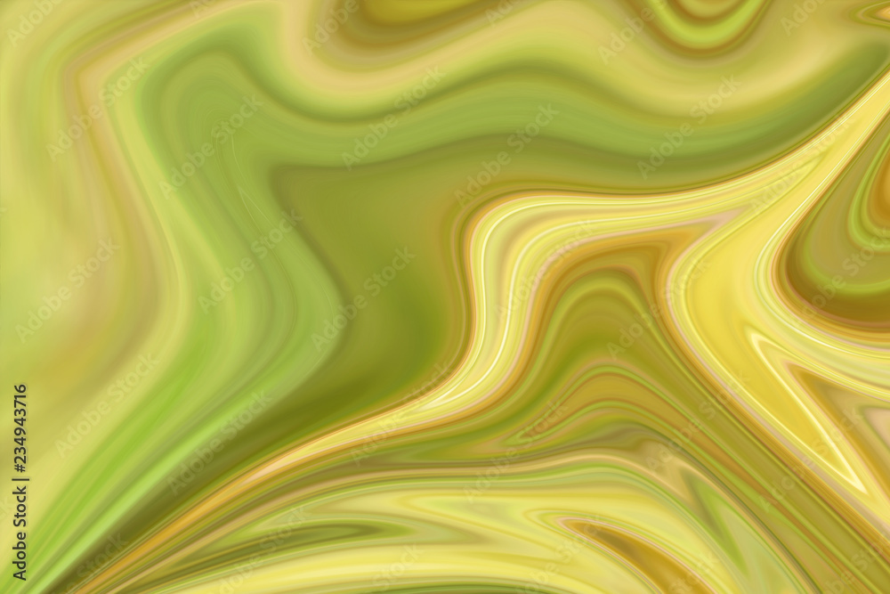 Liquify Abstract Pattern With Green And Yellow Graphics Color Art Form. Digital Background With Liquifying Flow.
