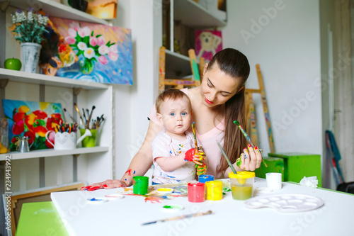 Mom and Daughter paint on canvas at the drawing school.