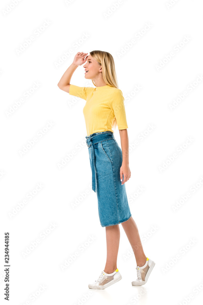 side view of smiling girl with hand on forehead looking away isolated on white side view of smiling girl with hand on forehead looking away isolated on white
