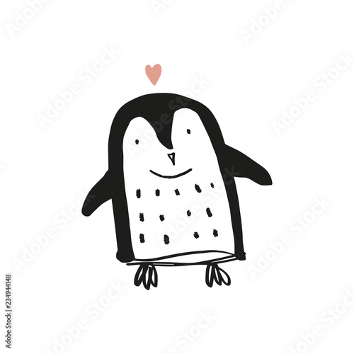 Cute nursery hand drawn little penguin, baby animal print