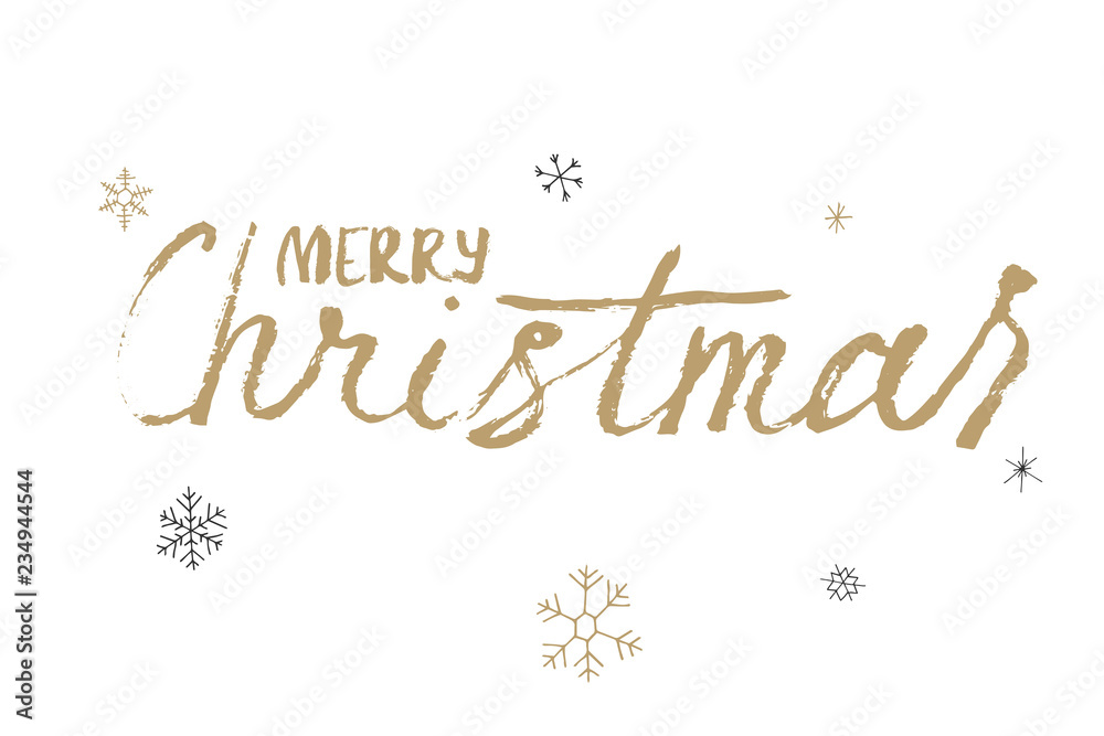 Christmas golden calligraphy. Merry christmas greeting text with snowflakes. Hand written modern brush lettering with decorative snowflakes. Hand drawn design elements. Festive sign card.