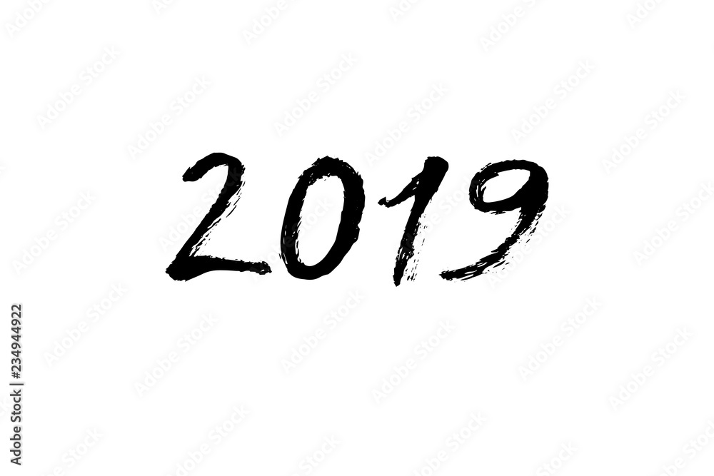 New year greeting black ink calligraphy. 2019 year text. Hand written modern brush lettering. Hand drawn holiday design elements. Festive sign card. New year greeting black ink calligraphy. 2019 year text. Hand written modern brush lettering. Hand drawn holiday design elements. Festive sign card.