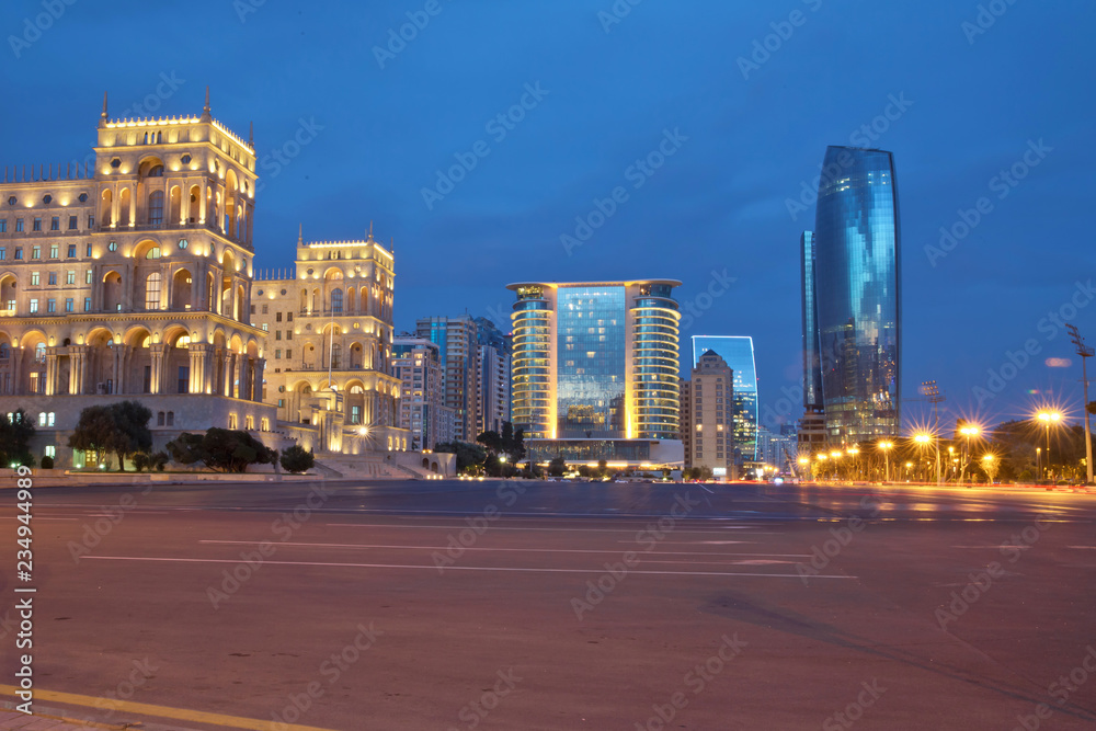 Azerbaijan, Baku at night Azadlig Square in front of the Government House evening side. Platitude Freedom - Azadlig located on the shores of the Caspian Sea.Hotel Absheron Marriott . Neftchiler Avenue Azerbaijan, Baku at night Azadlig Square in front of the Government House evening side. Platitude Freedom - Azadlig located on the shores of the Caspian Sea.Hotel Absheron Marriott . Neftchiler Avenue