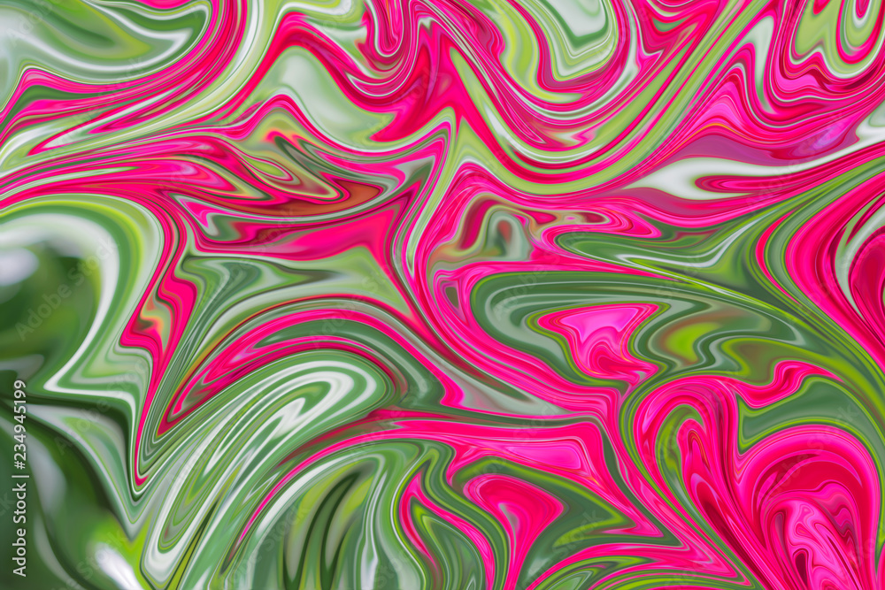 Obraz premium Liquify Abstract Pattern With DeepPink, Green And Pink Graphics Color Art Form. Digital Background With Liquifying Flow.