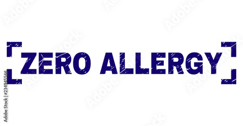 ZERO ALLERGY text seal watermark with corroded texture. Text tag is placed between corners. Blue vector rubber print of ZERO ALLERGY with grunge texture.