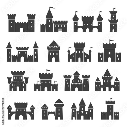 Medieval ancient castle icon set, black silhouette