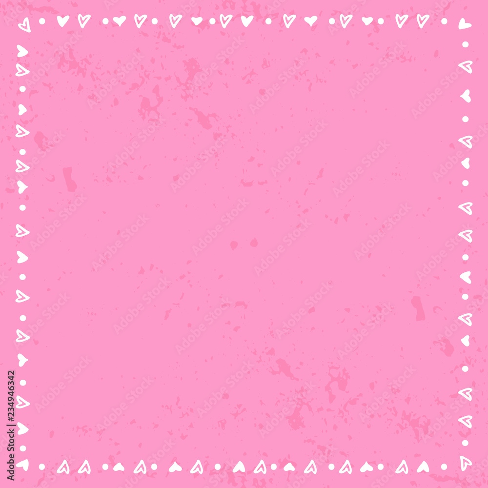 Decorative square frame of hearts and dots in white on pink gradient textured background for decoration, poster, banner, postcard, greeting card, gift tag, text, lettering, advertising, Valentines day