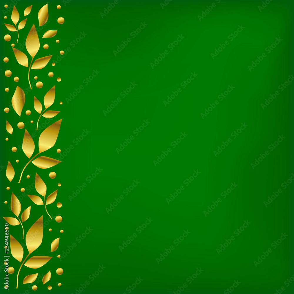 Green background stylized as velvet with decorative stripe on the left side  with golden leaves and dots for decoration, scrapbooking paper,cover of  book or notebook,wedding invitation, greeting card Stock Vector | Adobe