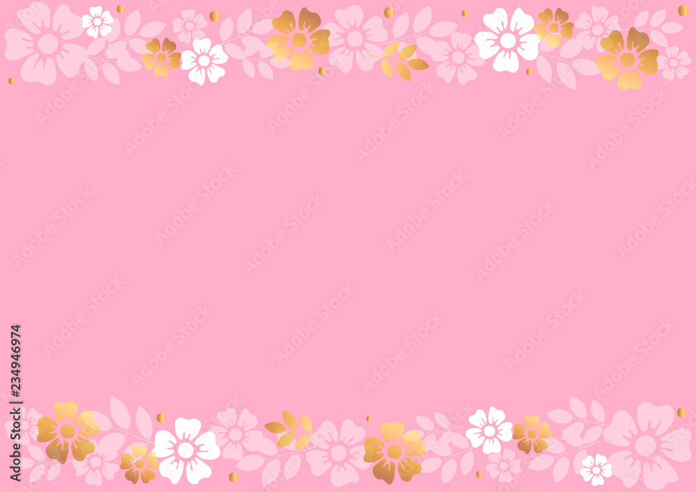 Pink background with decorative stripes align top and below with golden and white flowers and leaves for decoration, scrapbooking paper, wedding, invitation, greeting card, text, certificate