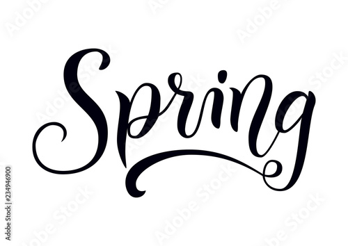 Modern calligraphy lettering of Spring in black on white isolated for decoration, sticker, poster, banner, advertising, calendar
