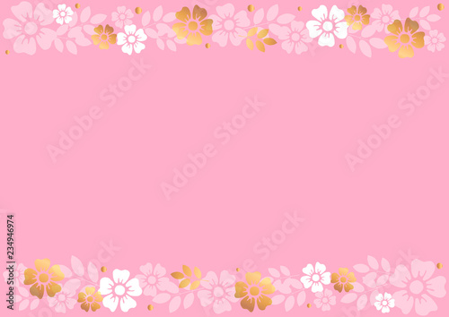 Pink background with decorative stripes align top and below with golden and white flowers and leaves for decoration, scrapbooking paper, wedding, invitation, greeting card, text, certificate