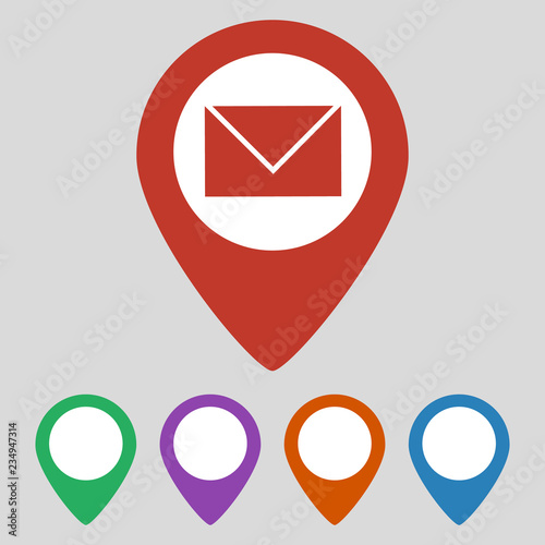 Map pointer with mail icon on grey background.