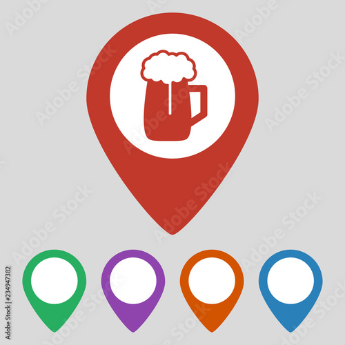 Map pointer with beer icon gray background.