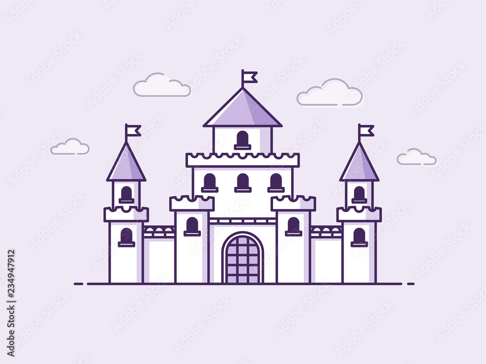 Medieval castle vector illustration in mono line art style