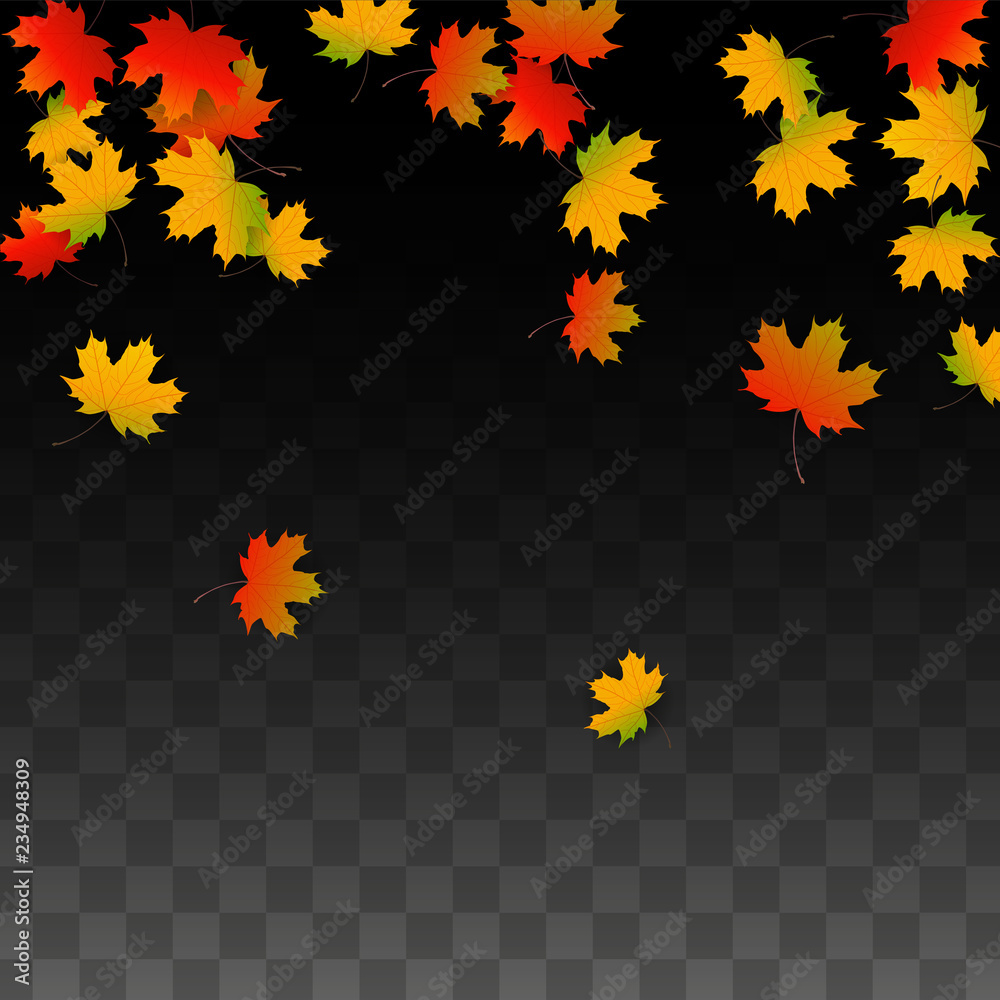 September Vector Background with Golden Falling Leaves. Autumn Illustration with Maple Red, Orange, Yellow Foliage. Isolated Leaf on Transparent Background. Bright Swirl. Suitable for Posters. September Vector Background with Golden Falling Leaves. Autumn Illustration with Maple Red, Orange, Yellow Foliage. Isolated Leaf on Transparent Background. Bright Swirl. Suitable for Posters.