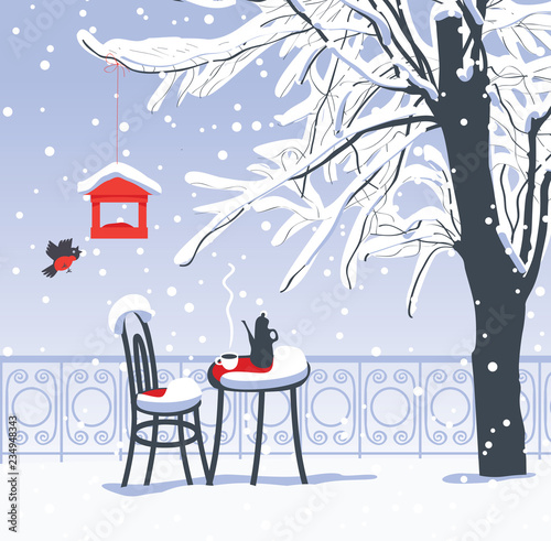 Vector winter banner or landscape with open-air cafe with hot tea on the table and snow-covered tree with red bird feeder. Winter cartoon illustration