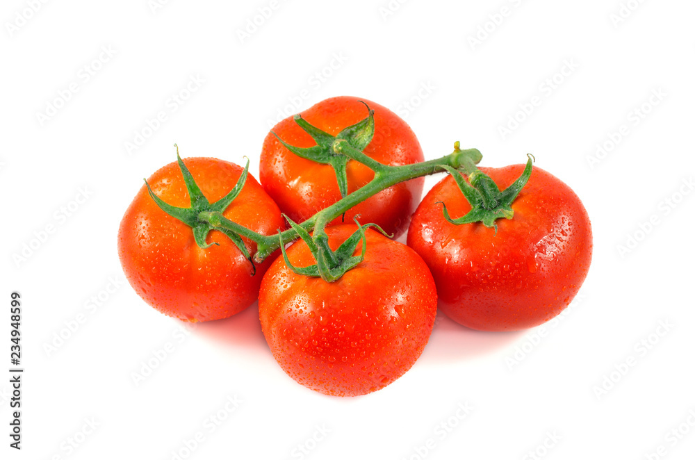 Drop of water on tomatoes peel. Beautiful red ripe tomatoes on a green branch. Fresh tomatoes isolated on white. Drop of water on tomatoes peel. Beautiful red ripe tomatoes on a green branch. Fresh tomatoes isolated on white.