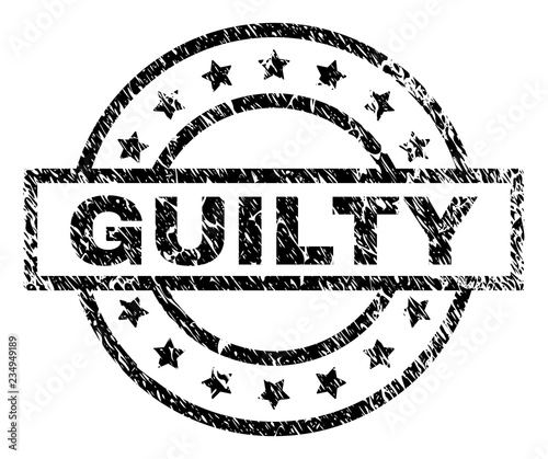 GUILTY stamp seal watermark with distress style. Designed with rectangle, circles and stars. Black vector rubber print of GUILTY label with unclean texture.