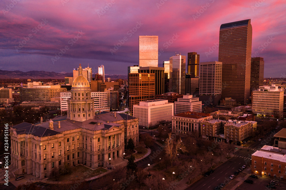Aerial drone photo - Sunrise over the city of Denver Colorado