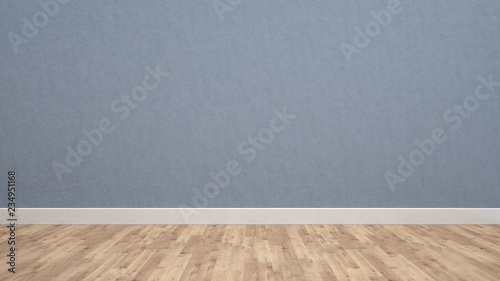 Blue concrete wall and wood floor 3d rendering