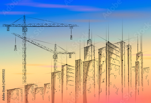 Low poly building under construction crane sunrise. Industrial modern business technology. Colorful sunset sky 3D cityscape urban silhouette. High tower skyscraper vector illustration