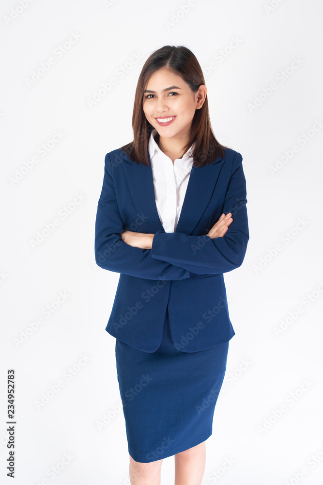 Beautiful Business Woman in blue suit is smiling on white background Beautiful Business Woman in blue suit is smiling on white background