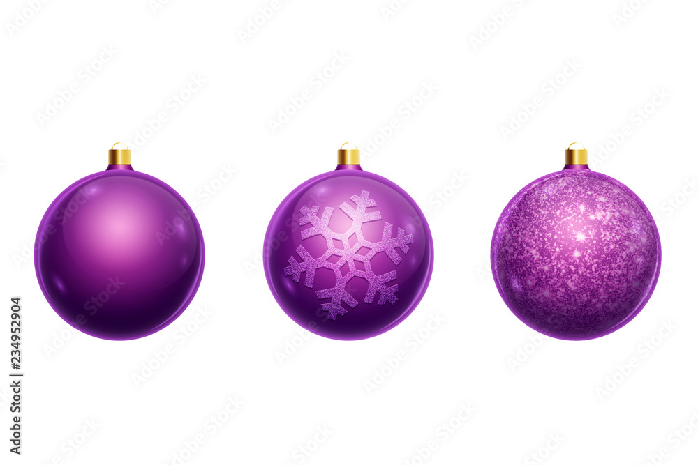 Set of christmas balls of purple color isolated on white background. Christmas decorations, ornaments on the Christmas tree. Set of christmas balls of purple color isolated on white background. Christmas decorations, ornaments on the Christmas tree.