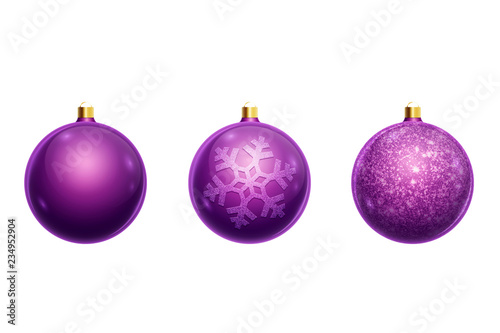 Set of christmas balls of purple color isolated on white background. Christmas decorations, ornaments on the Christmas tree.