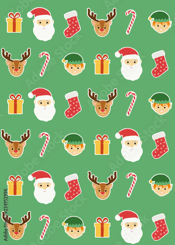 Christmas pattern with Santa Claus, an elf, a reindeer, a gift, a sock and a candy cane on a green background